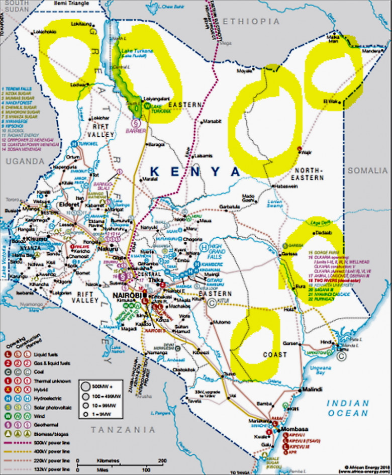 The following map shows the distribution of the T&D infrastructure in Kenya 
