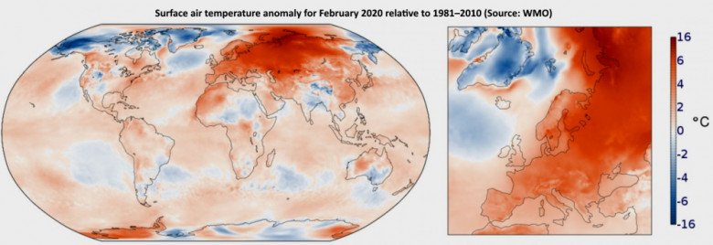 Surface air temperature anomaly for February 2020 relative to 1981–2010 (Source: WMO)