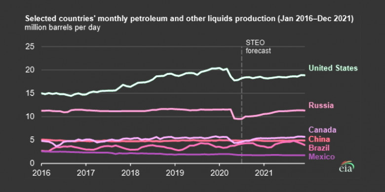 Selected countries monthly petroleum production Jan 2016 - Dec 2021